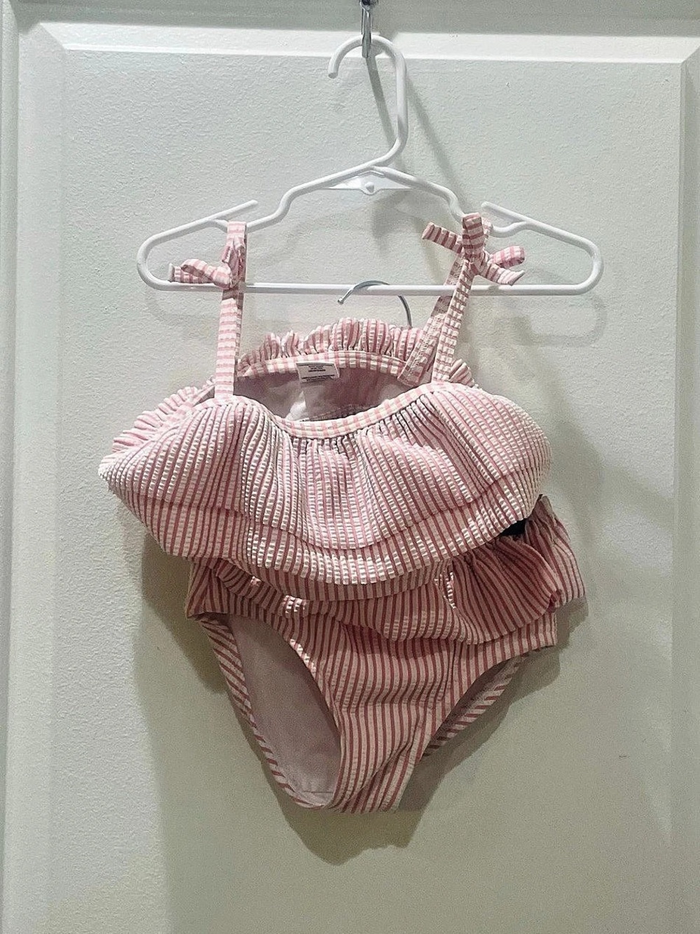 RuffleButts Girls Pink Seersucker Tie Shoulder Two Piece Swimsuit